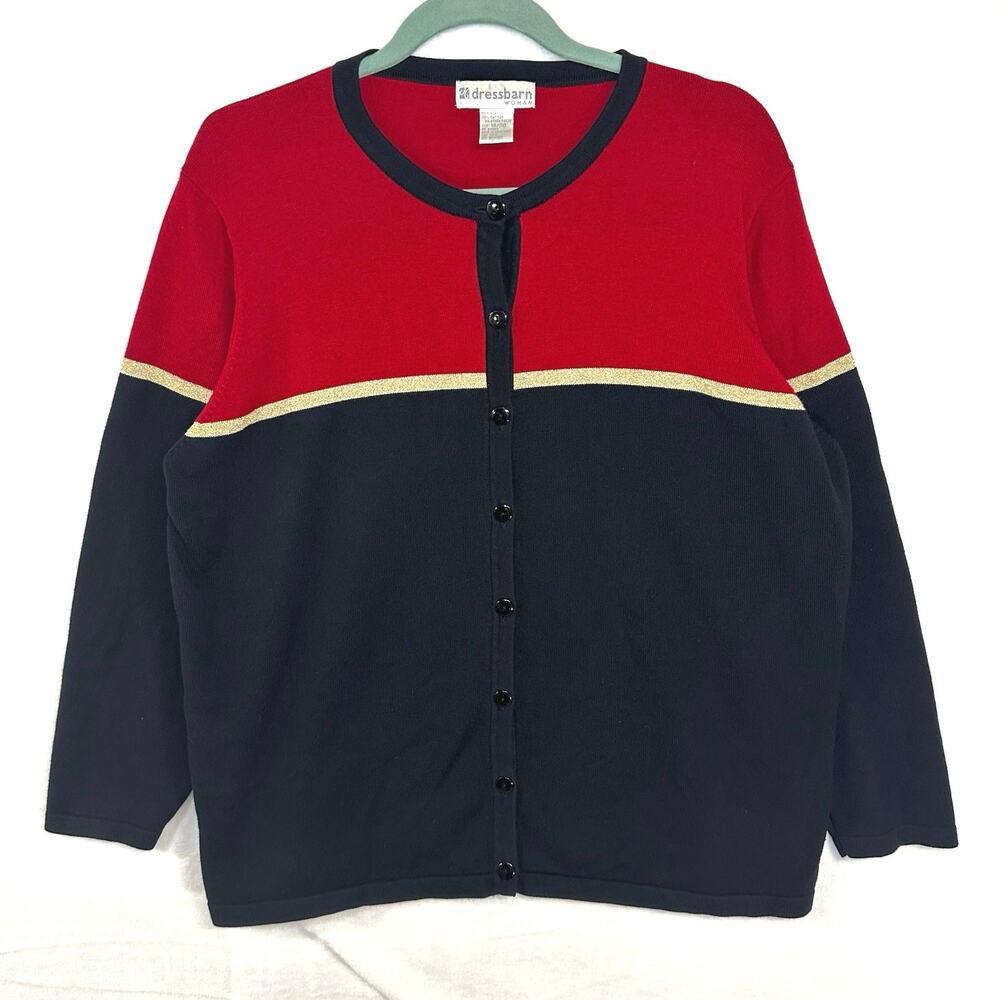 Dressbarn 18/20 Contrast Trim‎ Buttoned Cardigan Sweater Red Black Shiny Gold